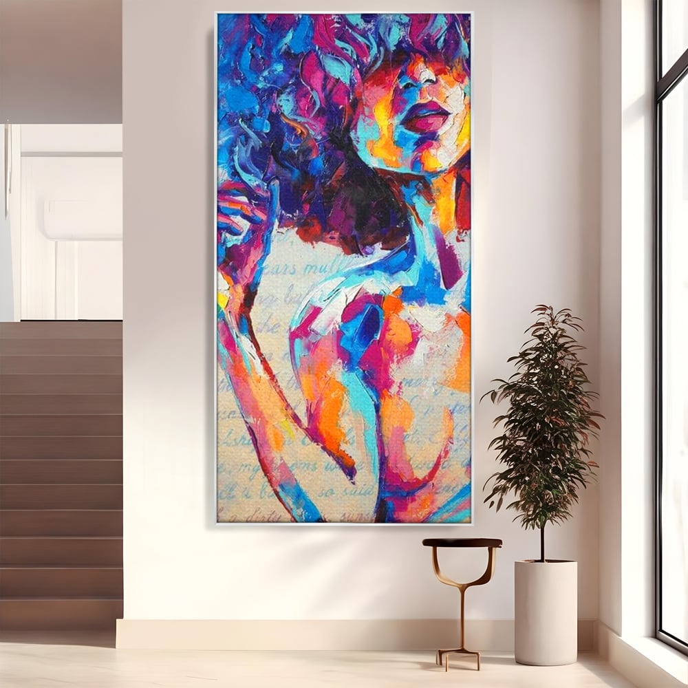 Tablou canvas cu tablou canvas cu portret artistic de femeie, in rama de aluminiu argintiu
